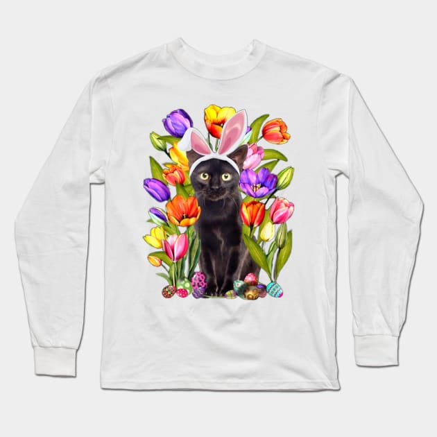 Cat Bunny Ears And Tulip Flowesr Happy Easter Day Long Sleeve T-Shirt by Los Draws